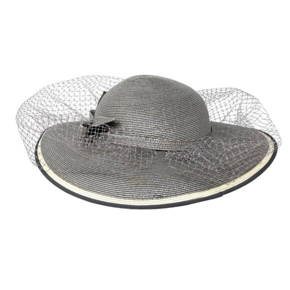 Vintage Bellini New York Silver Straw Church Derby Hat Bow Netting Strap Classic